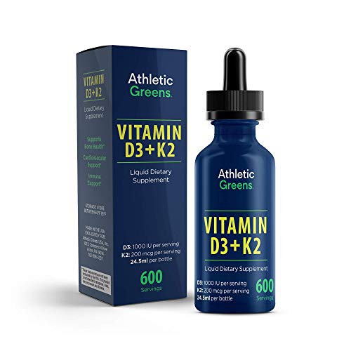Athletic Greens D3 K2 Liquid Dietary Supplement, 600 Liquid Servings, Vitamin D3 1000 IU per Serving and Vitamin K2 200 mcg per Servings, 24.5 ml per Bottle