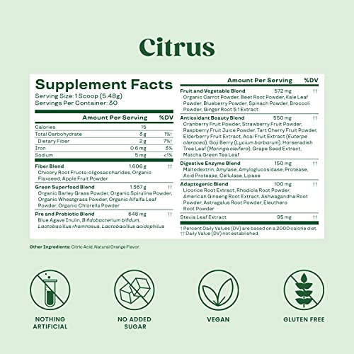 Bloom Nutrition Super Greens Powder Smoothie & Juice Mix - Probiotics for Digestive Health & Bloating Relief for Women, Digestive Enzymes with Superfoods Spirulina & Chlorella for Gut Health (Citrus)