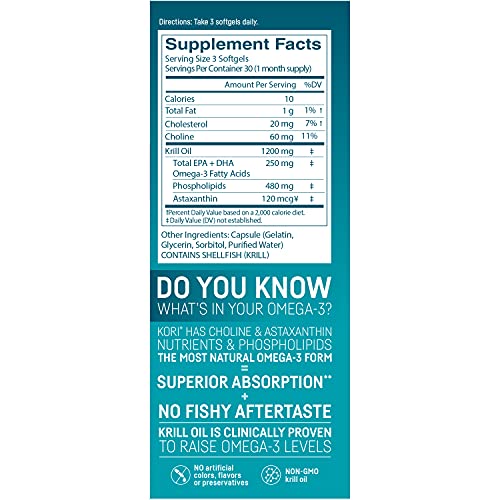 Kori Krill Oil Omega-3 400mg, 90 Softgels | Multi-Benefit Omega-3 Supplement | Superior Omega-3 Absorption vs Fish Oil and No Fishy Burps