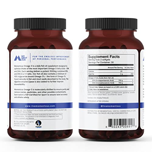Momentous Omega-3 1500mg Daily Fish Oil Supplement with EPA and DHA - NSF Certified for Sport