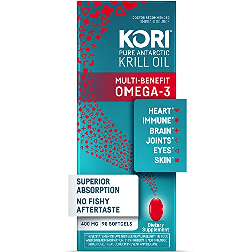 Kori Krill Oil Omega-3 400mg, 90 Softgels | Multi-Benefit Omega-3 Supplement | Superior Omega-3 Absorption vs Fish Oil and No Fishy Burps